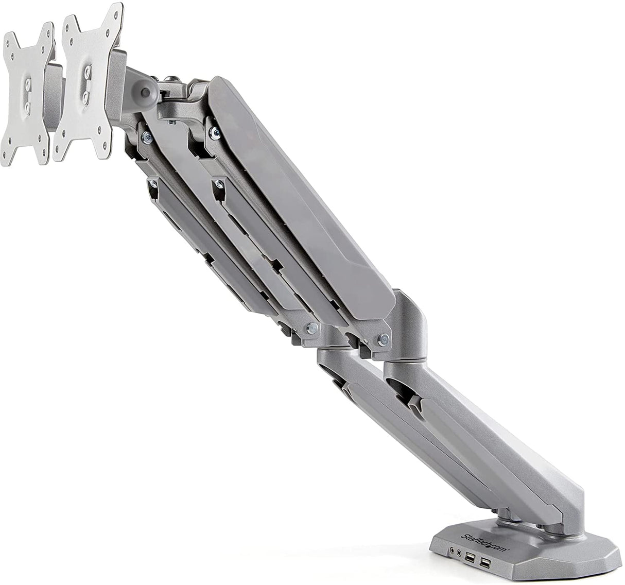 StarTech.com Desk Mount Dual Monitor Arm with USB & Audio - Desk Clamp VESA Mount for up to 32 inch Displays - 2X USB, 2X 3.5mm Audio - Ergonomic Full Motion Dual Monitor Arm - Silver (ARMSLIMDUOS)