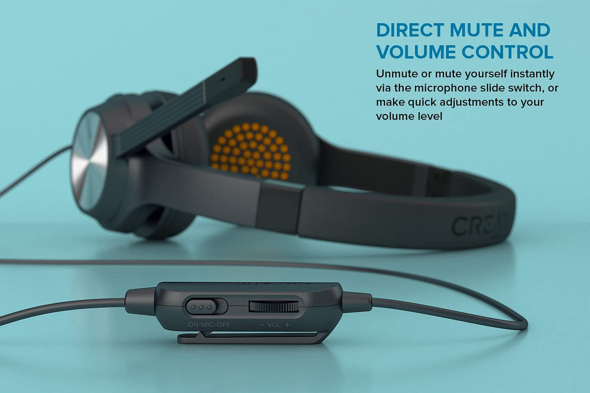 Creative Chat - 3.5 mm Stereo On-Ear Headset with Retractable Noise-Cancelling Condenser Mic, Mic Mute Switch, Volume Control Dial, for Work Calls on PC, Mac, and Mobile Devices