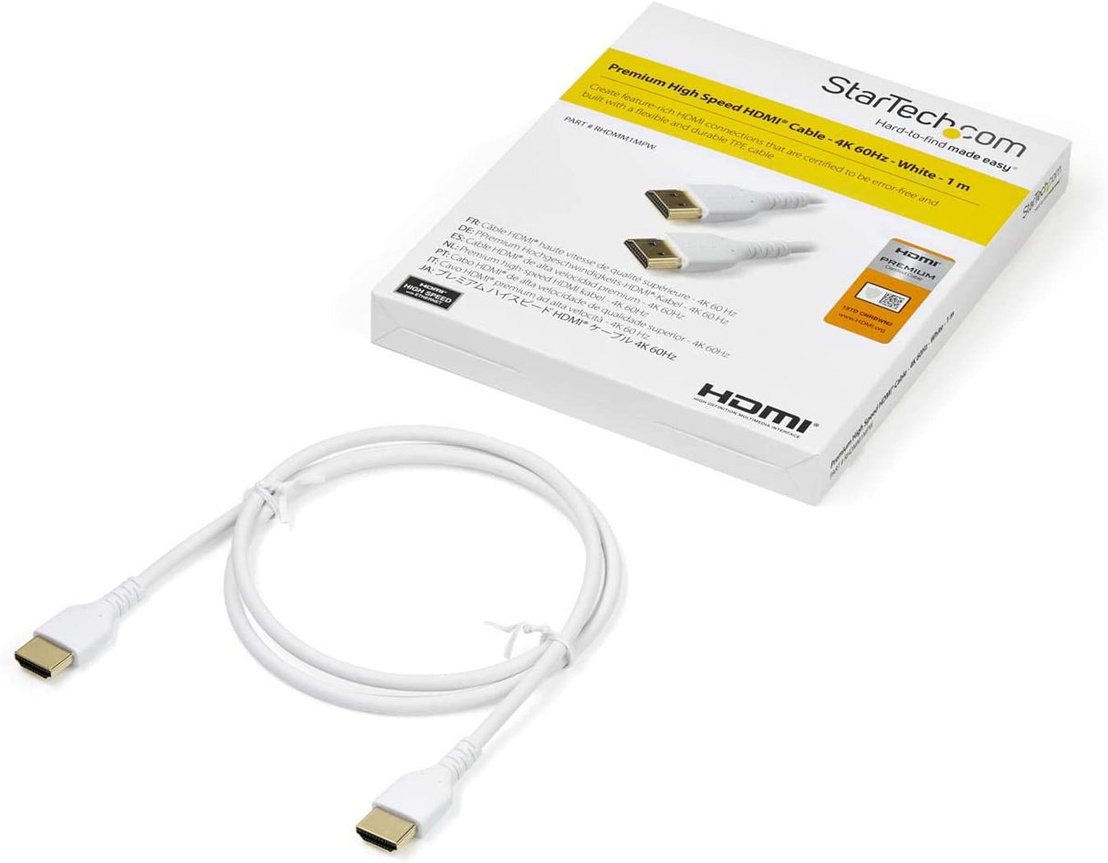 StarTech.com 3ft (1m) Premium Certified HDMI 2.0 Cable with Ethernet - Durable High Speed UHD 4K 60Hz HDR - Rugged M/M HDMI Cord with Aramid Fiber - TPE - Ultra HD Monitors, TVs & Displays (RHDMM1MPW) White 3 ft/1m