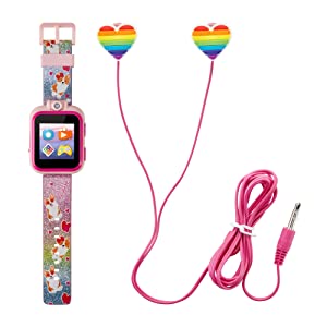Playzoom Kids Smartwatch & Earbuds Set - Video Camera Selfies STEM Learning Educational Fun Games, MP3 Music Player Audio Books Touch Screen Sports Digital Watch Fun Gift for Kids Toddlers Boys Girls PlayZoom 2 W/Earbuds Rainbow Glitter Corgi Dog