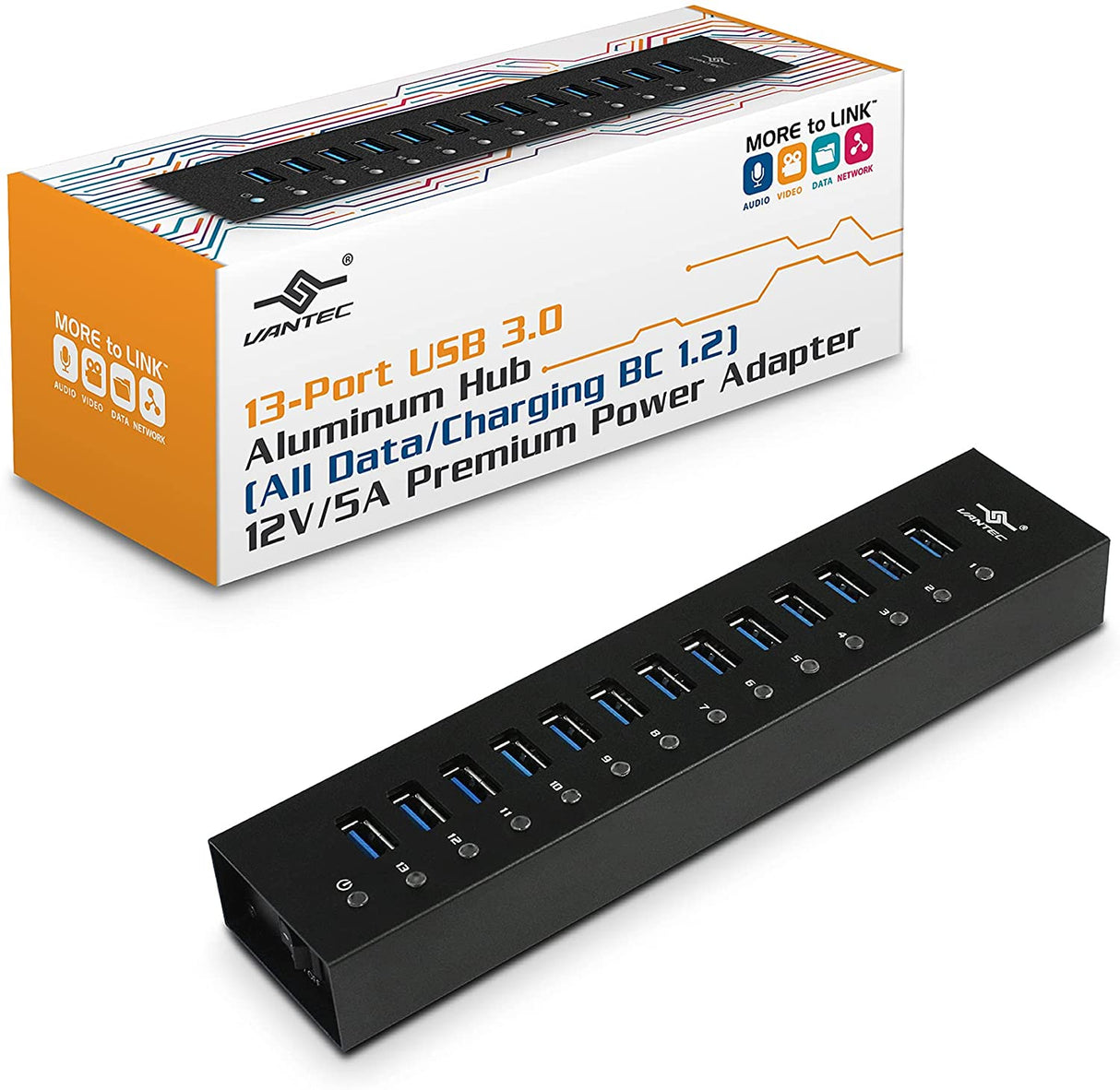 Vantec 13-Port USB 3.0 Aluminum Hub (All Data/Charging BC 1.2), 12V/5A Premium Power Adapter