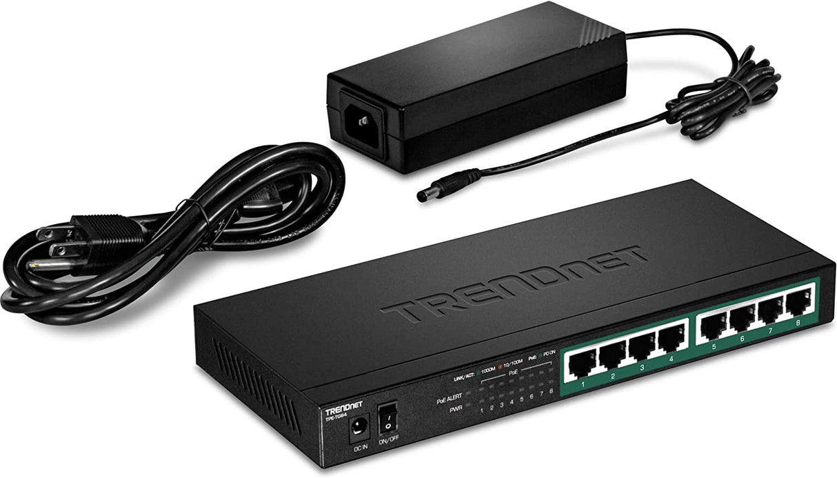 TRENDnet 8-Port Gigabit PoE+ Switch, 120W PoE Power Budget, 16Gbps Switching Capacity, IEEE 802.1p QoS, DSCP Pass-Through Support, Fanless, Wall Mountable, Lifetime Protection, Black, TPE-TG84