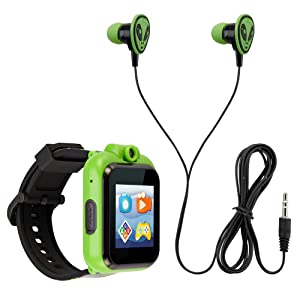 Playzoom Kids Smartwatch & Earbuds Set - Video Camera Selfies STEM Learning Educational Fun Games, MP3 Music Player Audio Books Touch Screen Sports Digital Watch Fun Gift for Kids Toddlers Boys Girls PlayZoom 2 W/Earbuds Black/Green Alien
