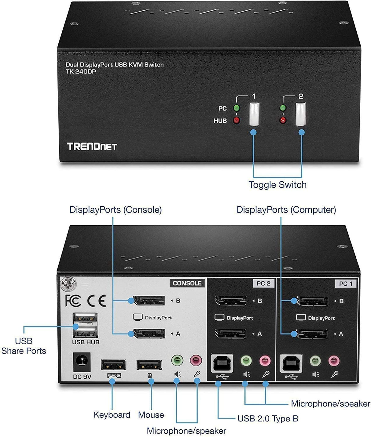TRENDnet 2-Port Dual Monitor DisplayPort KVM Switch with Audio, 2-Port USB 2.0 Hub, 4K UHD Resolutions Up to 3840 x 2160, Connect Two DisplayPort Monitors, Dual Monitor KVM Switch, Black, TK-240DP
