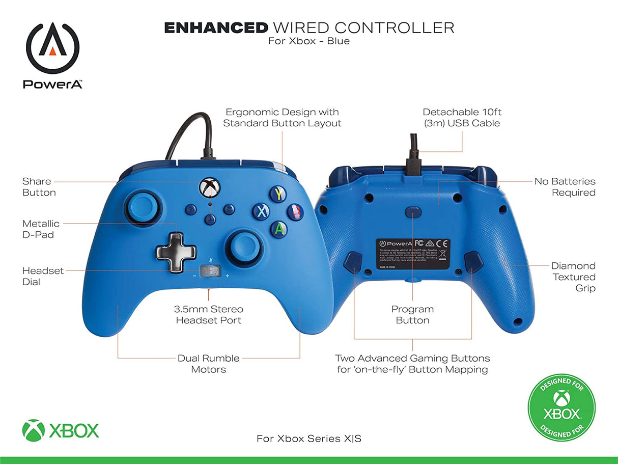 PowerA Enhanced Wired Controller for Xbox - Blue, Gamepad, Wired Video Game Controller, Gaming Controller, Xbox Series X|S, Xbox One - Xbox Series X