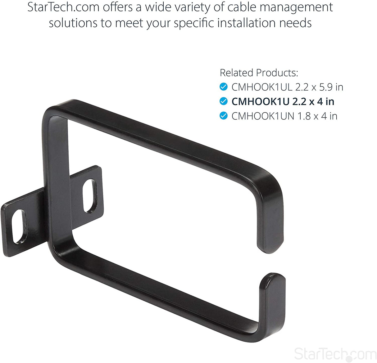 StarTech.com 1U Vertical 2.2 x 3.9in Server Rack Cable Management D-Ring Hook w/ Flexible Opening - Network Rack-Mount Cord Organizer Ring (CMHOOK1U),Black