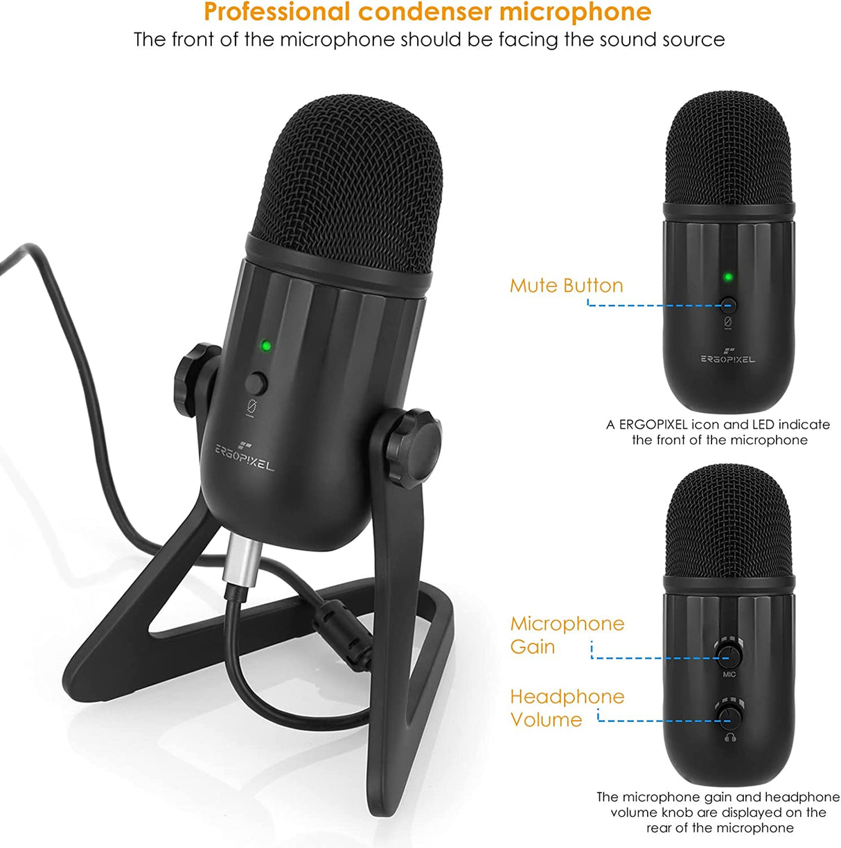 Ergopixel USB Microphone for PC, Mac, Gaming, Streaming, Podcasting, Studio with A Live Monitoring, Gain Controls, A Mute Button for Podcasting, Plug and Play – Blackout