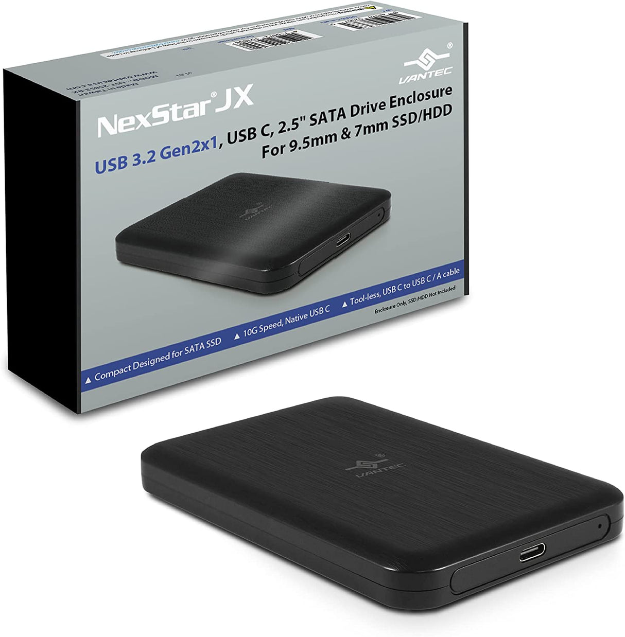 Vantec NexStar JX Series, USB 3.2 Gen2x1 (10Gbps), USB C, 2.5" SATA Drive Enclosure for 9.5mm & 7mm SSD/HDD (NST-258S3-BK)