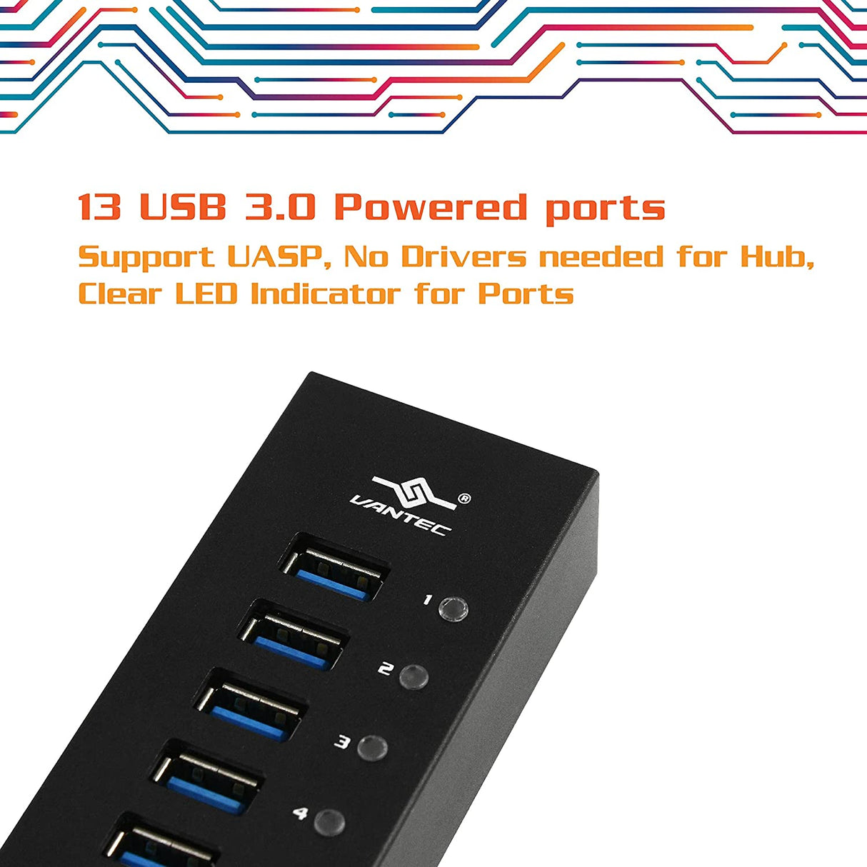 Vantec 13-Port USB 3.0 Aluminum Hub (All Data/Charging BC 1.2), 12V/5A Premium Power Adapter