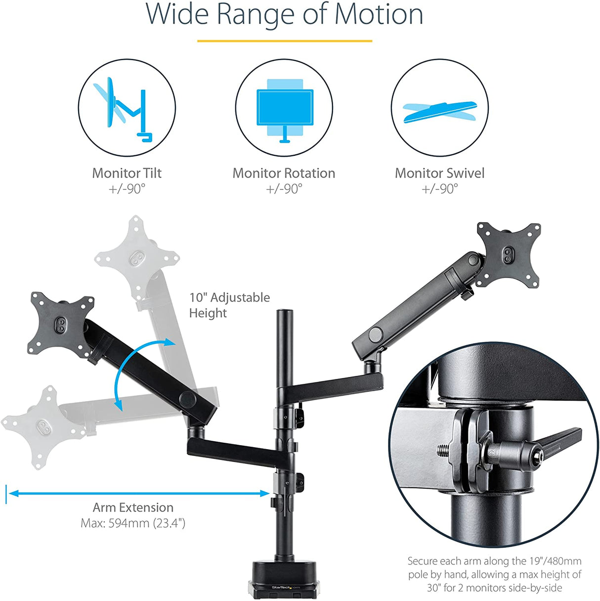 StarTech.com Desk Mount Dual Monitor Arm - Full Motion Monitor Mount for 2x VESA Displays up to 32" (17lb/8kg) - Vertical Stackable Arms - Height Adjustable/Articulating - Clamp/Grommet (ARMDUALPIVOT)