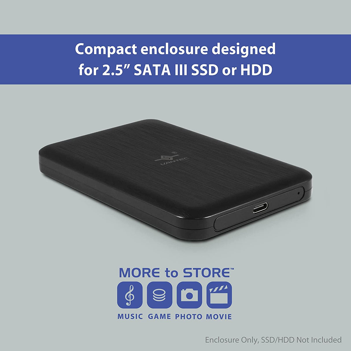 Vantec NexStar JX Series, USB 3.2 Gen2x1 (10Gbps), USB C, 2.5" SATA Drive Enclosure for 9.5mm & 7mm SSD/HDD (NST-258S3-BK)