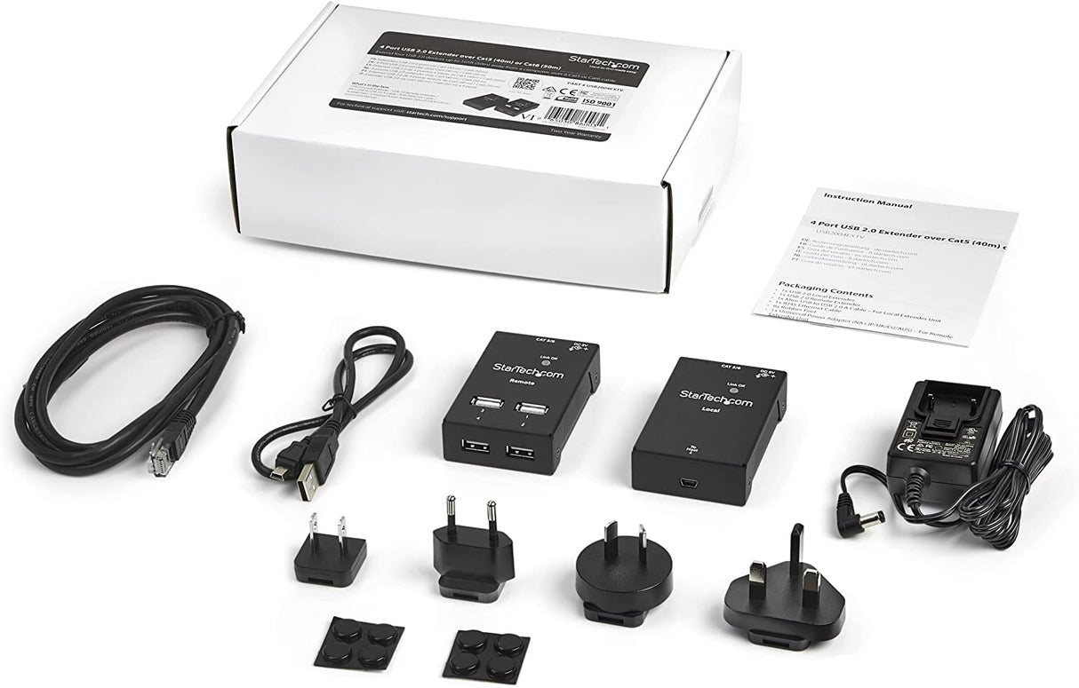 StarTech.com 4-Port USB 2.0 Extender - 165ft (50m) USB Over Cat5/Cat6 Extender - Compact USB 2.0 Over Ethernet Extender (USB2004EXTV) 4 Port (USB 2.0) 130 or 165 ft