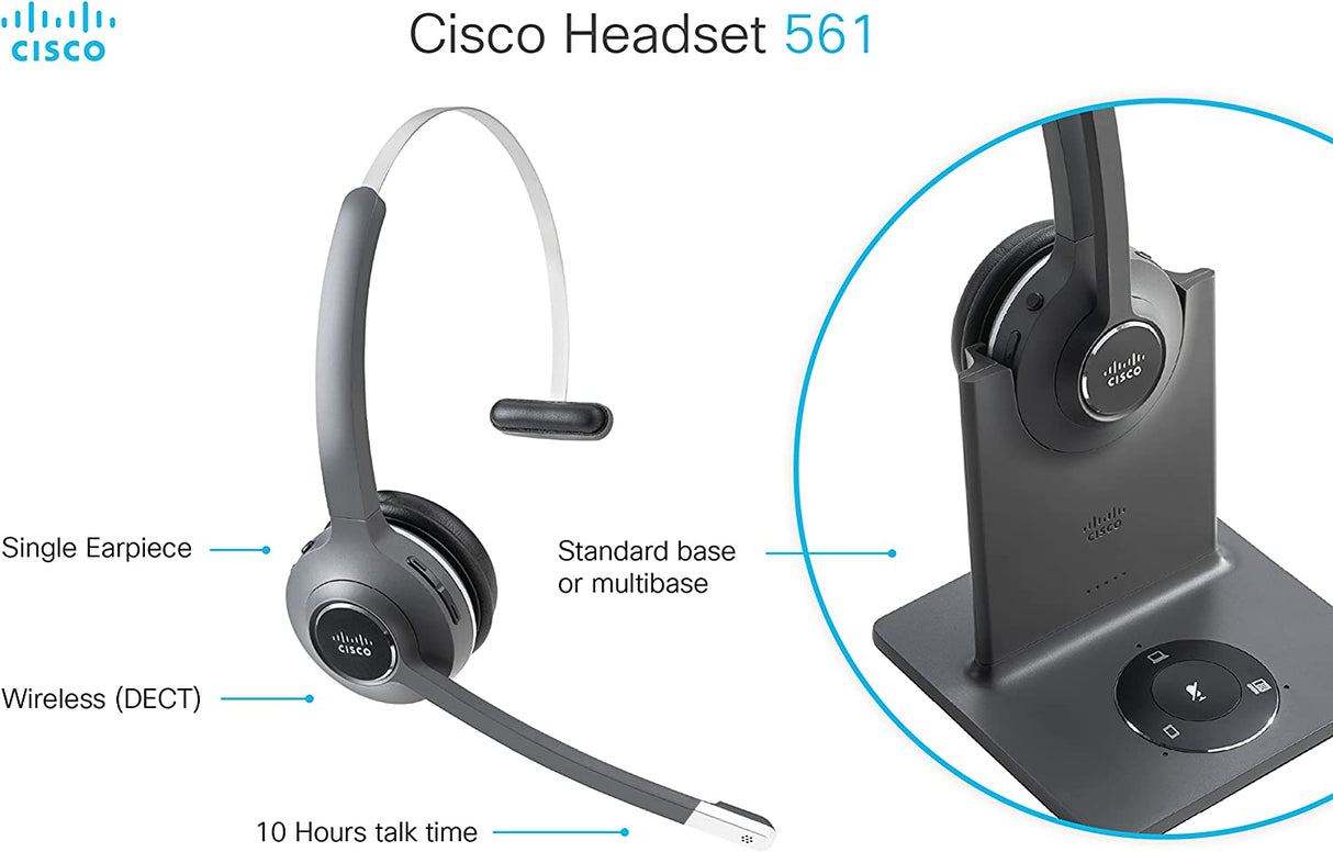 Cisco Headset 561, Wireless Single On- Ear DECT Headset with Multi-Source Base for US & Canada, Charcoal, 1-Year Limited Liability Warranty (CP-HS-WL-561-M-US=)