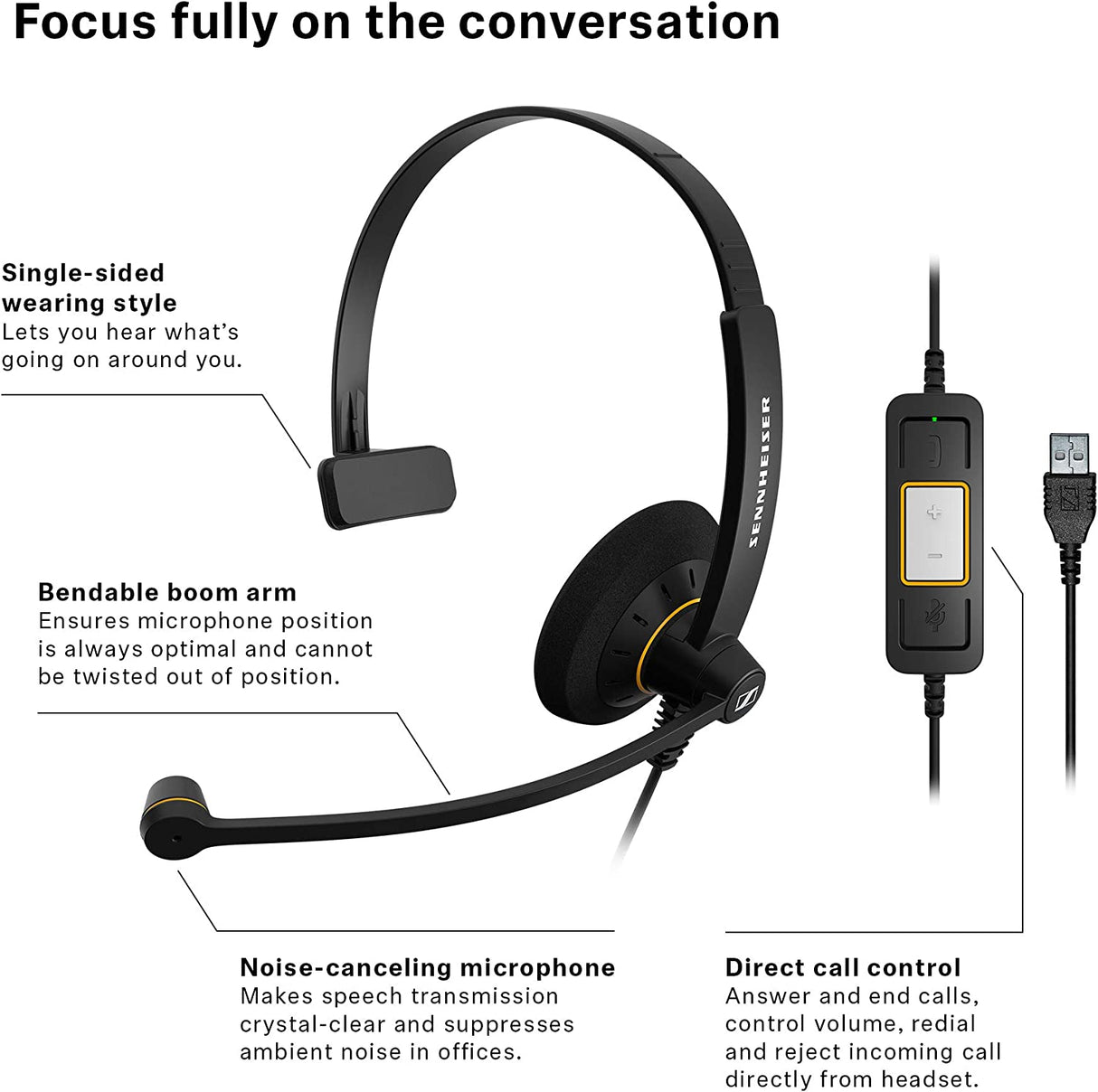 Epos Sennheiser SC 30 USB ML (504546) - Single-Sided Business Headset | For Skype for Business | with HD Sound, Noise-Cancelling Microphone, & USB Connector (Black)