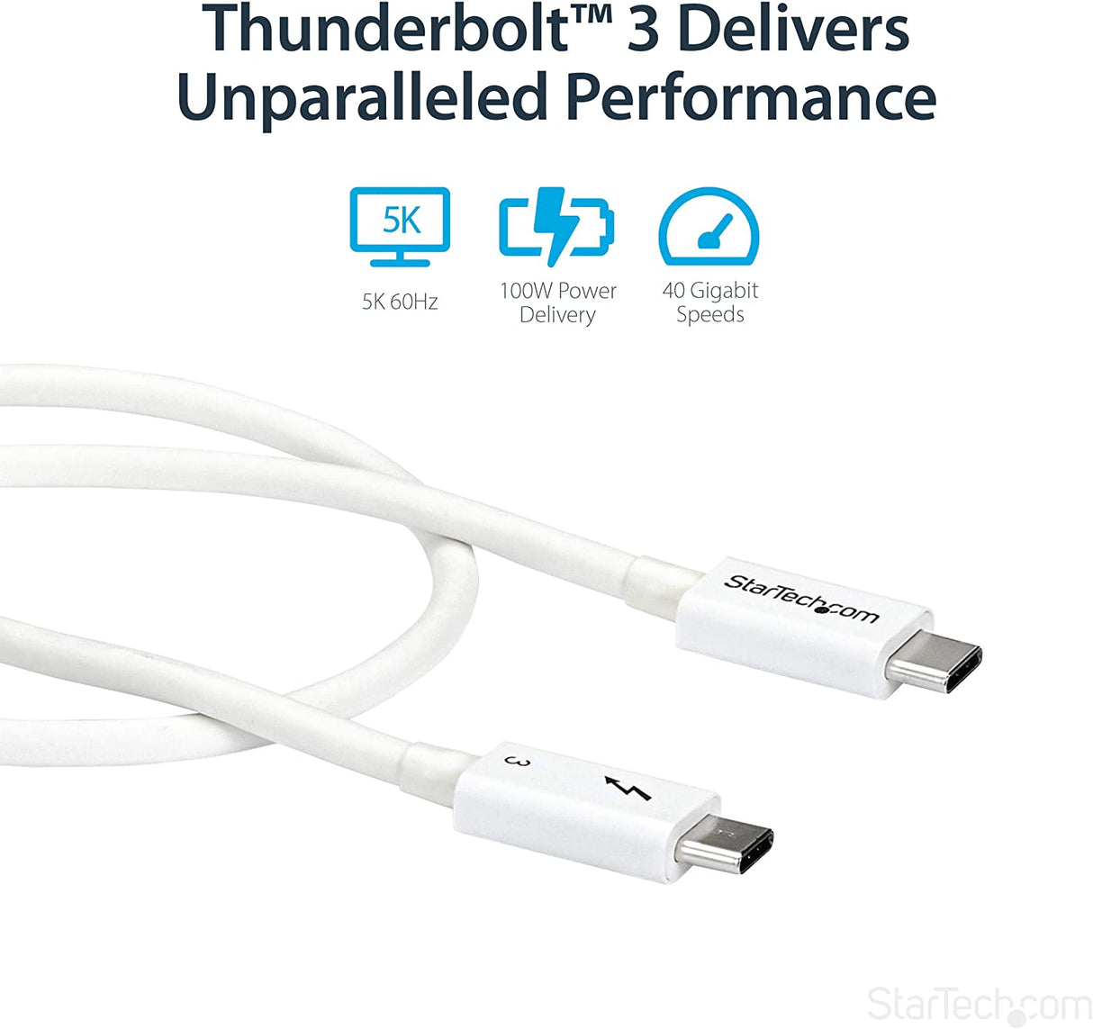 StarTech.com 40Gbps Thunderbolt 3 Cable - 1.6ft/0.5m - White - 5k 60Hz/4k 60Hz - Certified TB3 USB-C Charger Cord w/ 100W Power Delivery (TBLT34MM50CW) 1.5ft 40Gbps | White