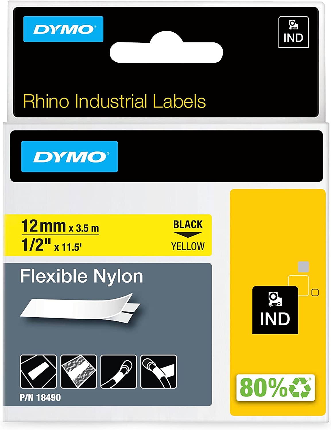 DYMO Industrial Labels for DYMO Industrial RhinoPro Label Makers, Black on Yellow, 1/2", 1 Roll (18490) Black on Yellow 1/2" (12MM) Labels