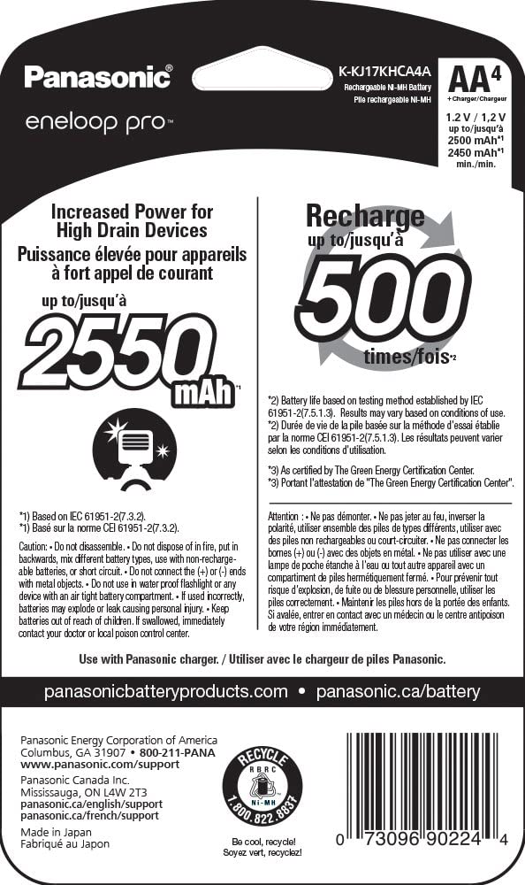Panasonic K-KJ17KHCA4A 4-Position Charger with AA eneloop PRO Rechargeable Batteries, 4 pk AA 4-Pack w/ Standard Charger