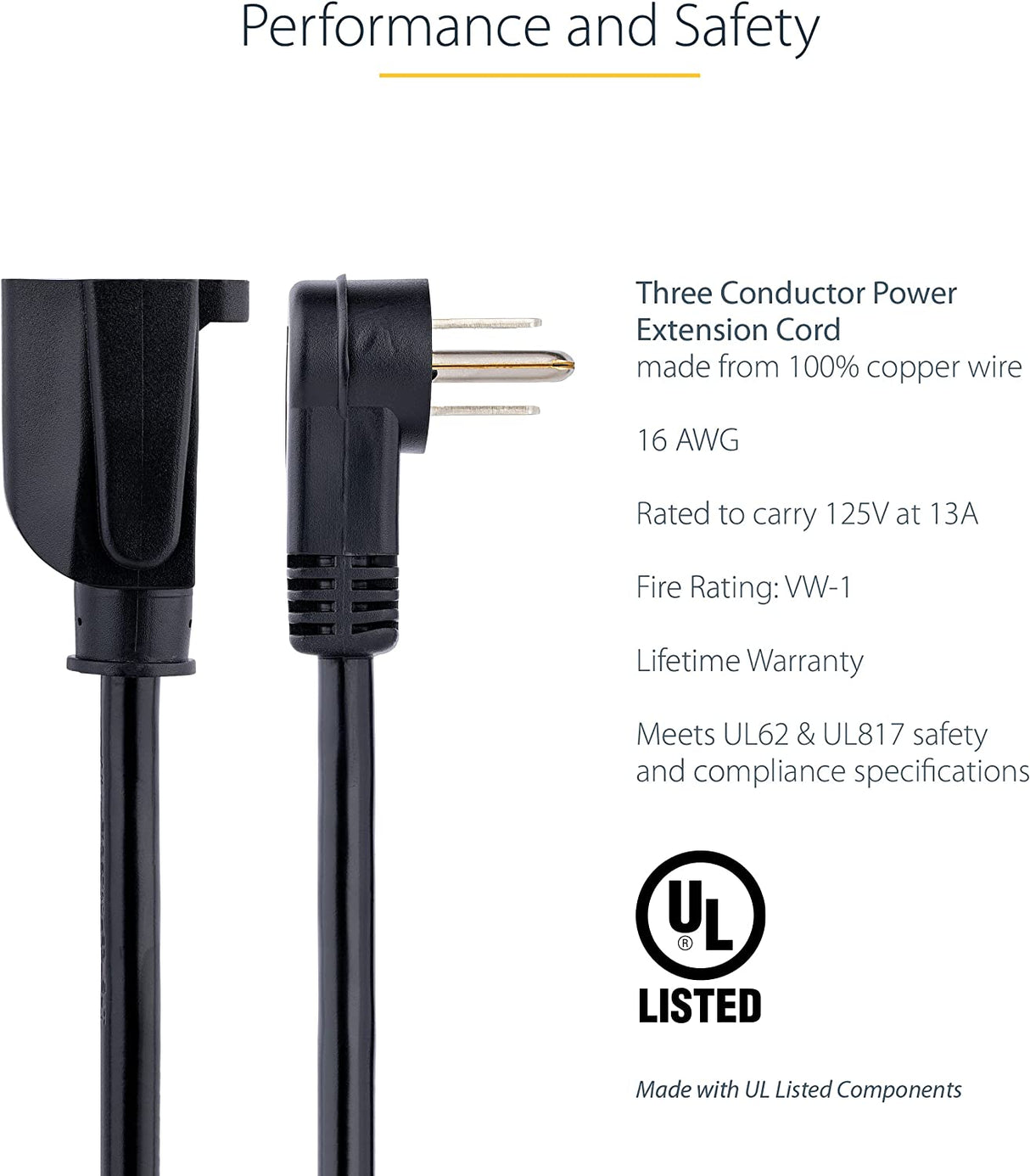 StarTech.com 3ft (1m) Power Extension Cord, Right Angle NEMA 5-15P to NEMA 5-15R, 13A 125V, 16AWG, Computer Power Extension Cord, Flat Extension Cord, AC Outlet Extension Cable, UL Listed (PAC101R3)