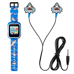Playzoom Kids Smartwatch & Earbuds Set - Video Camera Selfies STEM Learning Educational Fun Games, MP3 Music Player Audio Books Touch Screen Sports Digital Watch Fun Gift for Kids Toddlers Boys Girls PlayZoom 2 W/Earbuds Blue Shark