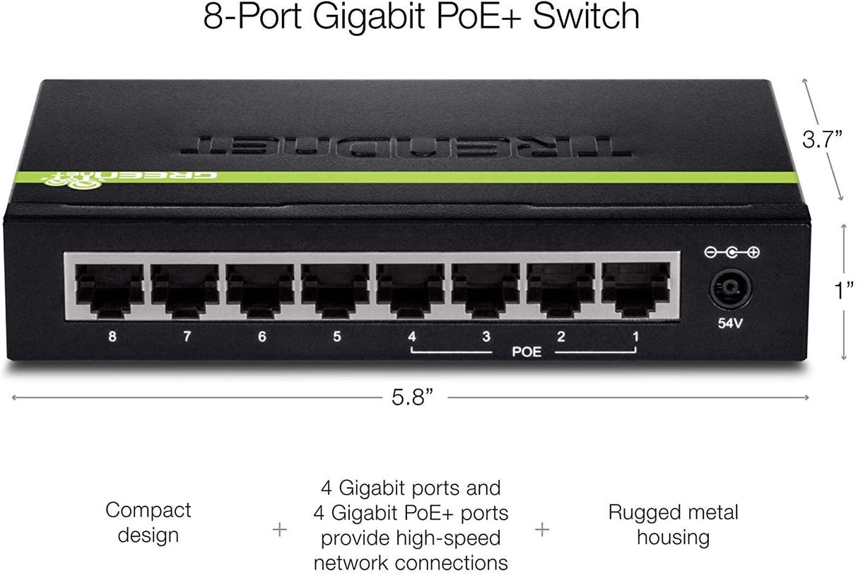 TRENDnet 8-Port Gigabit GREENnet PoE+ Switch,TPE-TG44G, 4 x Gigabit PoE/PoE+ Up to 30 Watts/Port, 4 x Gigabit, 61W Power Budget, 16 Gbps Switch Capacity, Ethernet Unmanaged Switch, Lifetime Protection