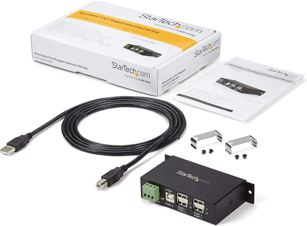 StarTech.com 4-Port USB 2.0 Hub - Metal Industrial USB-A Hub - Din Rail, Wall or Desk Mountable USB Data Hub - TAA Compliant USB Expander Hub (ST4200USBM)