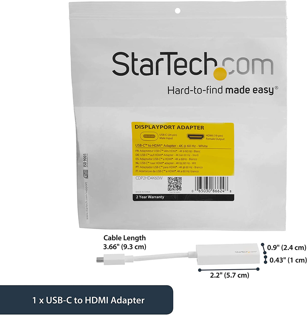 StarTech.com USB C to HDMI Adapter - White - 4K 60Hz - Thunderbolt 3 Compatible - USB Type C to HDMI Dongle Converter (CDP2HD4K60W) White 4K 60Hz