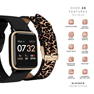 iTouch Kendall + Kylie Smartwatch iPhone and Android Compatible, Pedometer, Walking and Running Tracker for Women and Men (Gold Case and Black/Leopard Print Interchangeable Straps) Gold Case - Black/Leopard Print Straps