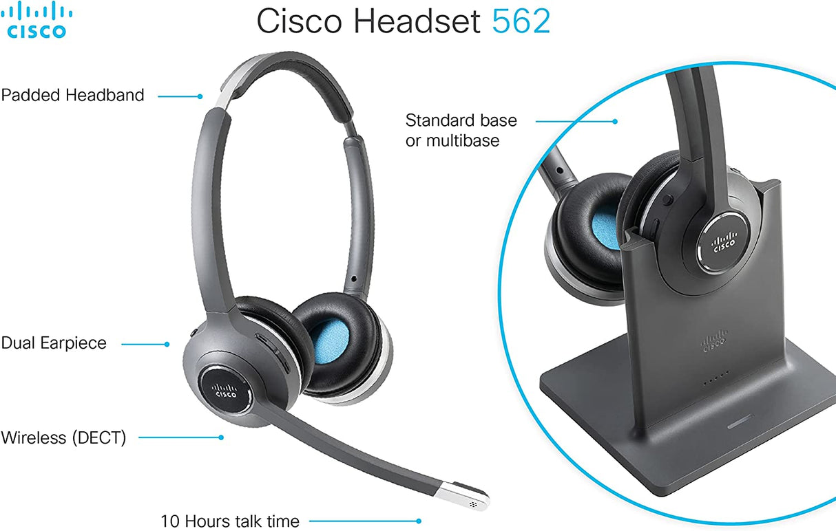 Cisco Headset 561, Wireless Dual On-Ear DECT Headset with Standard Base for US & Canada, Charcoal, 1-Year Limited Liability Warranty (CP-HS-WL-562-S-US=)