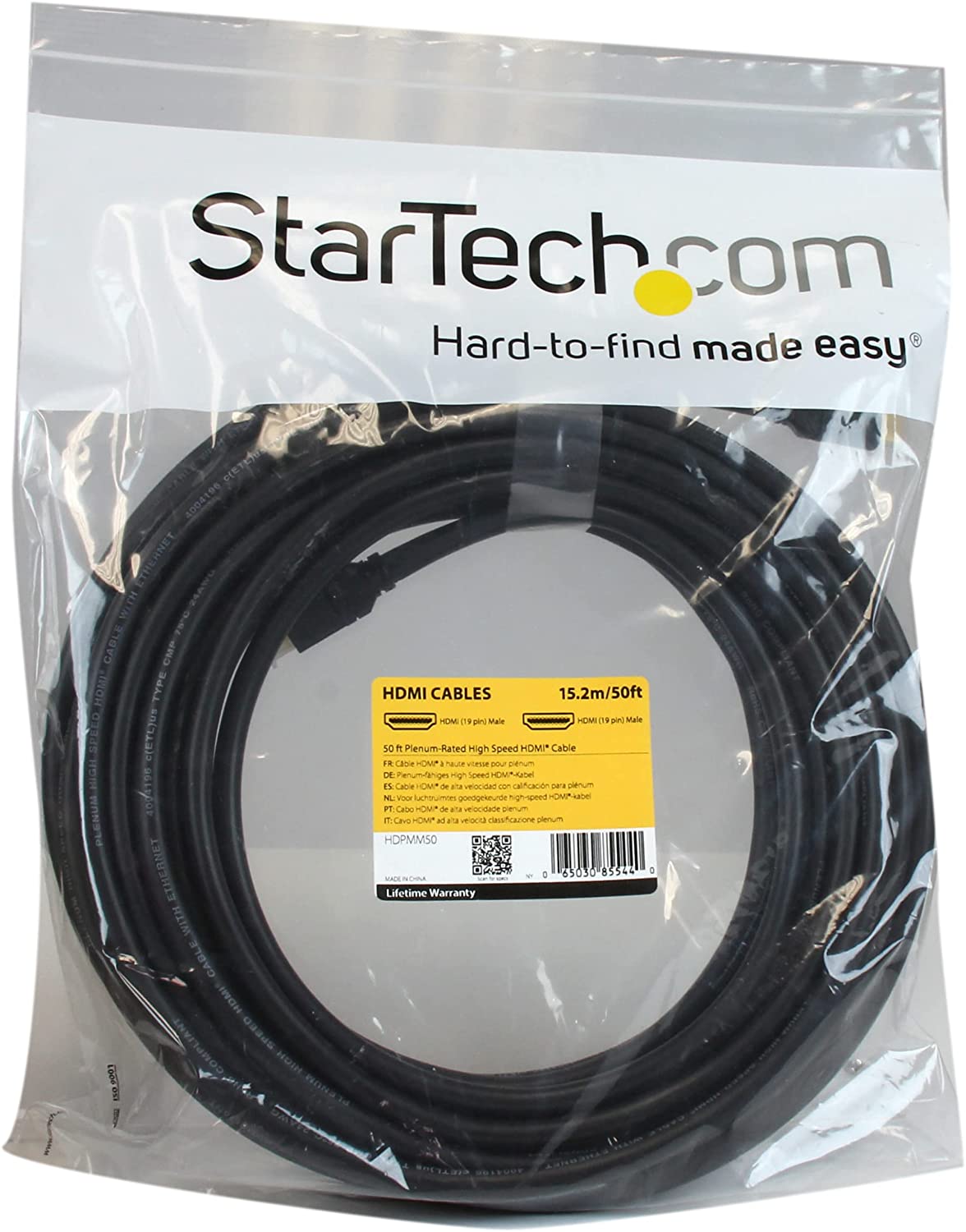 StarTech.com 50ft Plenum Rated HDMI Cable, 4K High Speed Long HDMI Cord w/ Ethernet, 4K30 UHD, 10.2 Gbps, HDCP 1.4, In Wall Plenum HDMI 1.4 Display Cable, HDMI to HDMI Computer to TV Cable (HDPMM25) 50 ft / 15m