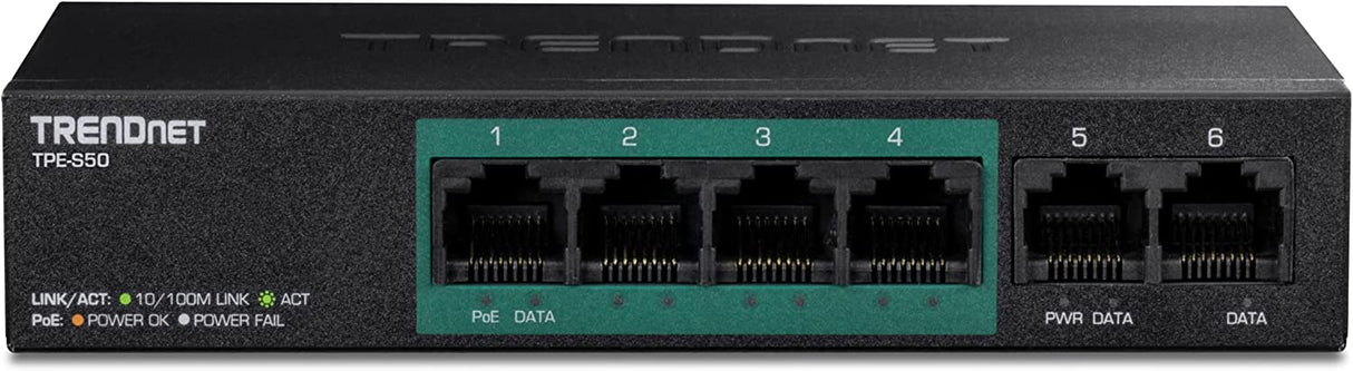 TRENDnet 6-Port Fast Ethernet PoE+ Switch, 4 x Fast Ethernet PoE Ports, 2 x Fast Ethernet Ports, 60W PoE Budget, 1.2 Gbps Switch Capacity, Metal, Lifetime Protection, Black, TPE-S50