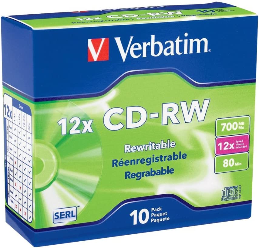 Verbatim CD-RW 700MB 2X-12X Rewritable Media Disc - 10 Pack Slim Case 10pk Slim Case 2X-12X High Speed Media Disc