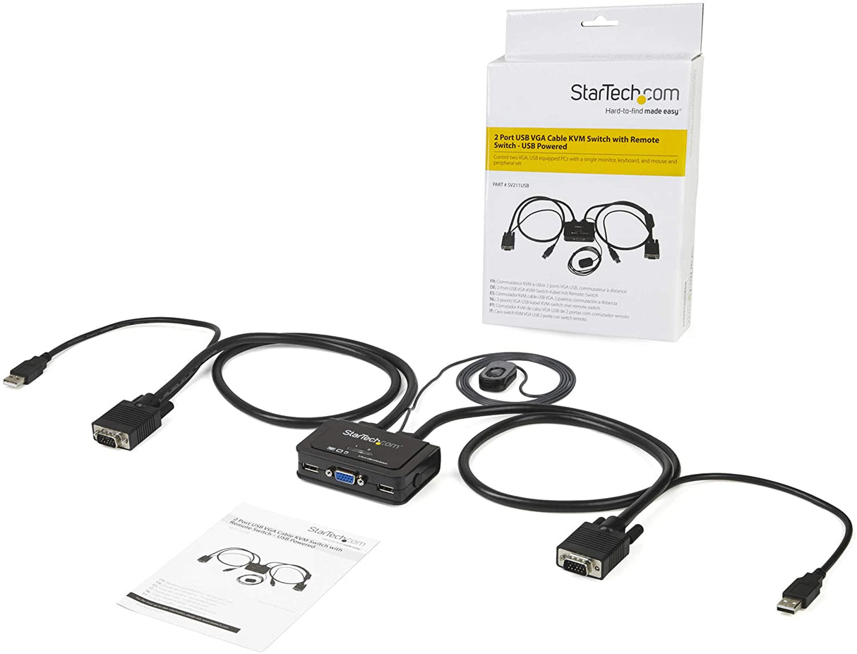 StarTech.com 2 Port USB VGA Cable KVM Switch - USB Powered with Remote Switch - KVM with VGA - Dual Port VGA KVM Switch (SV211USB),Black