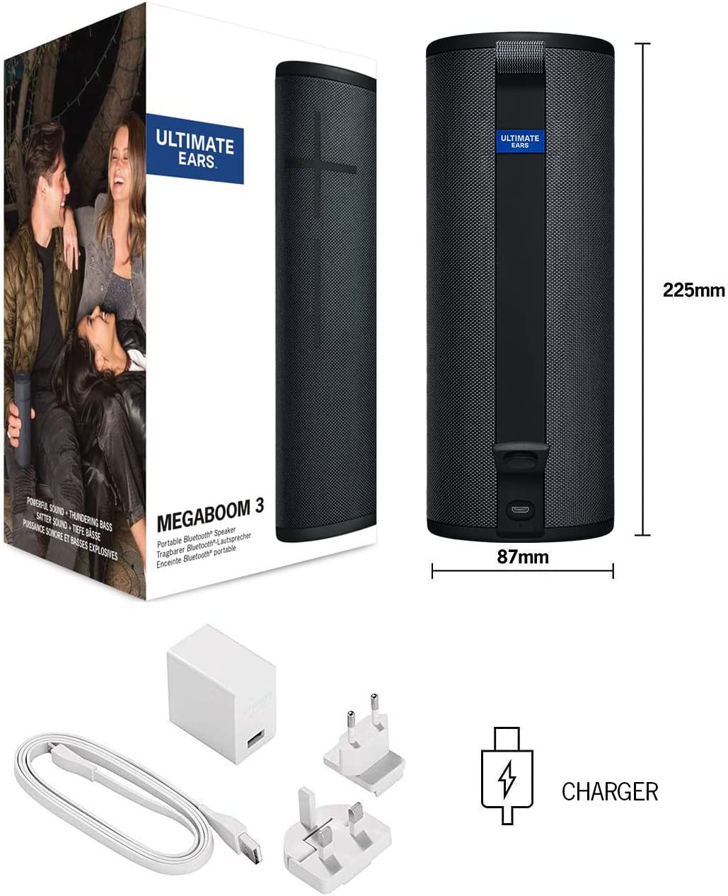 Ultimate Ears MEGABOOM 3 Portable Wireless Bluetooth Speaker (Powerful Sound + Thundering Bass, Bluetooth, Magic Button, Waterproof, Battery 20 hours) - Night Black Night Black Single