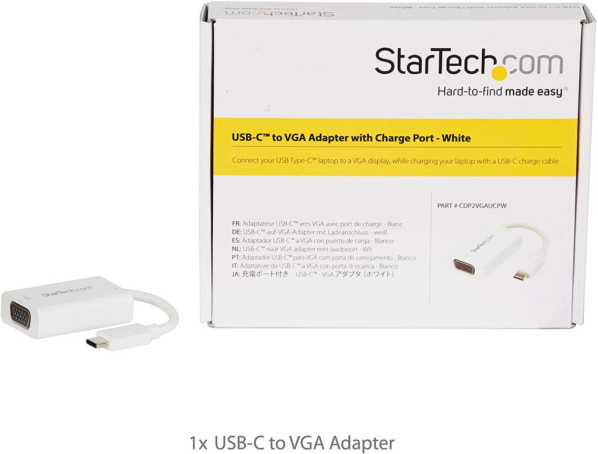 StarTech.com USB C to VGA Adapter with Power Delivery - 1080p USB Type-C to VGA Monitor Video Converter w/ Charging - 60W PD Pass-Through - Thunderbolt 3 Compatible - White (CDP2VGAUCPW)