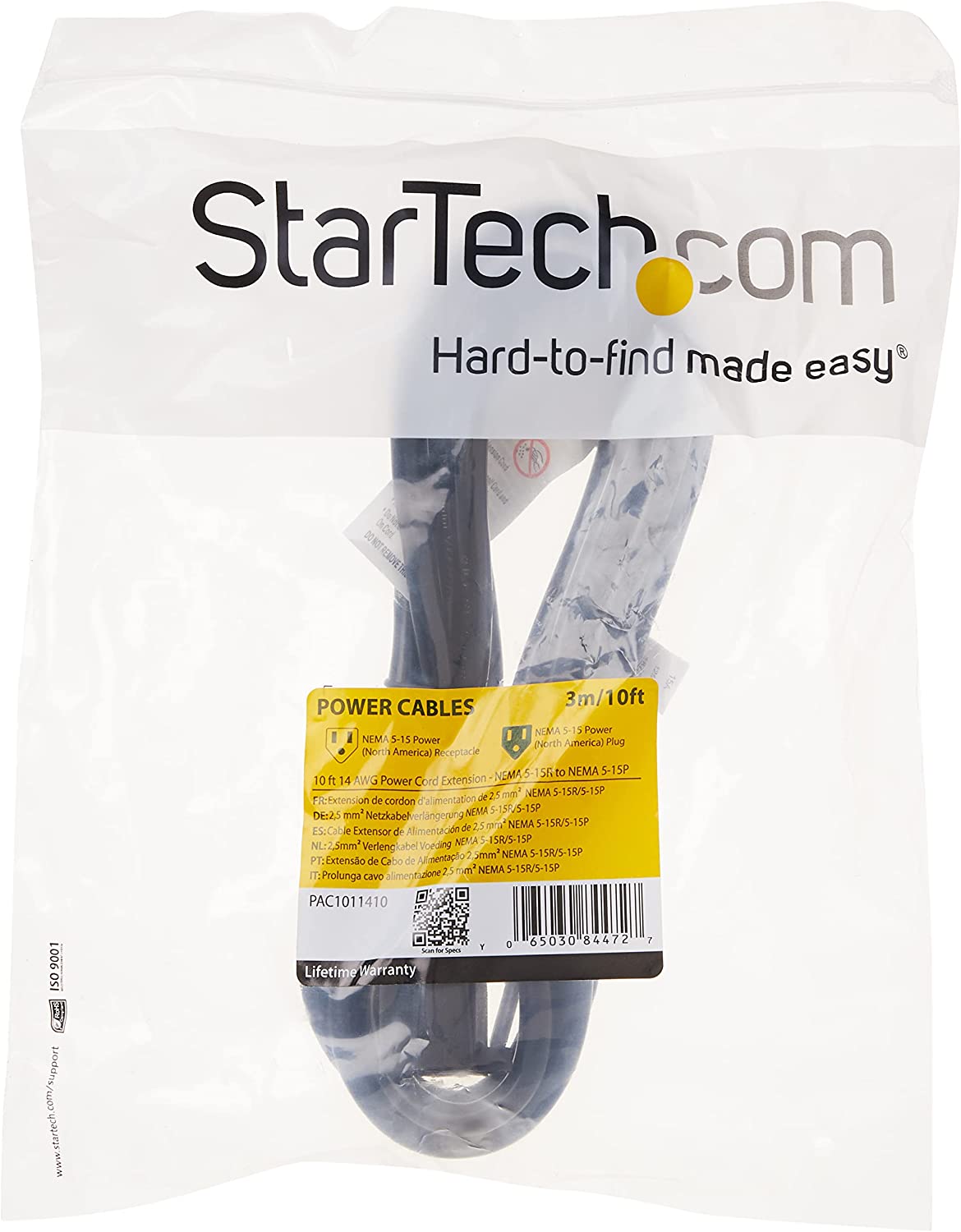 StarTech.com 10ft (3m) Heavy Duty Extension Cord, NEMA 5-15R to NEMA 5-15P Black Extension Cord, 15A 125V, 14AWG, Heavy Gauge Power Extension Cable, Heavy Duty AC Power Cord, UL Listed (PAC1011410)