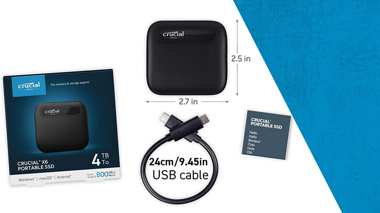 Crucial X6 4TB Portable SSD – Up to 800MB/s – USB 3.2 – External Solid State Drive, USB-C - CT4000X6SSD9 4TB X6 USB-C Portable SSD