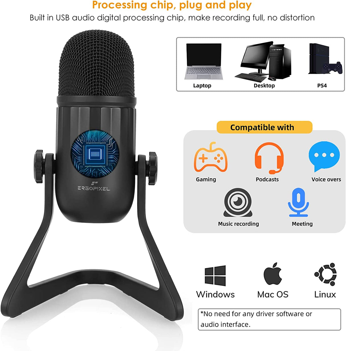 Ergopixel USB Microphone for PC, Mac, Gaming, Streaming, Podcasting, Studio with A Live Monitoring, Gain Controls, A Mute Button for Podcasting, Plug and Play – Blackout