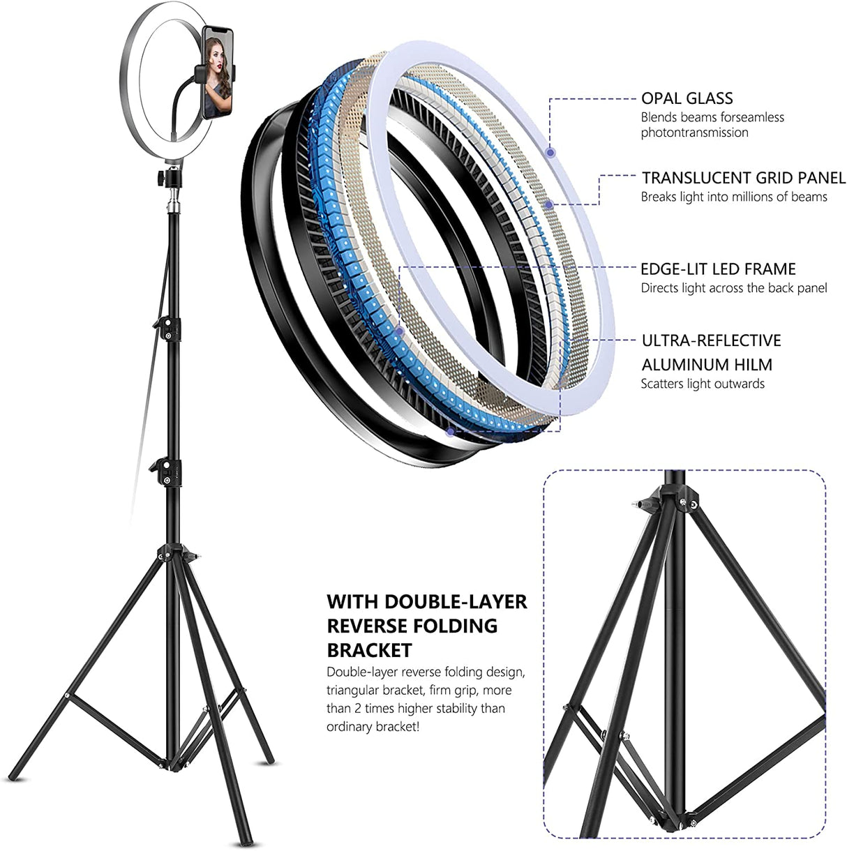 Ergopixel 10" Selfie Ring Light with 86" Adjustable Tripod Stand & Phone Holder for Makeup/Live Stream, Upgraded Dimmable LED Ringlight for Tiktok/YouTube/Zoom Meeting/Photography