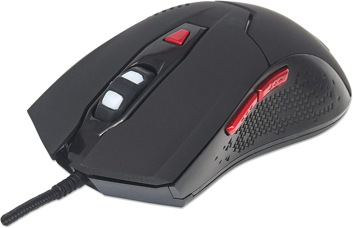 Manhattan Wired Gaming Mouse – 800 / 1200 / 1600 / 2400 Adjustable DPI Resolution – Ergonomic Grip Shape & Color LED Lights - Red / Black, 176071