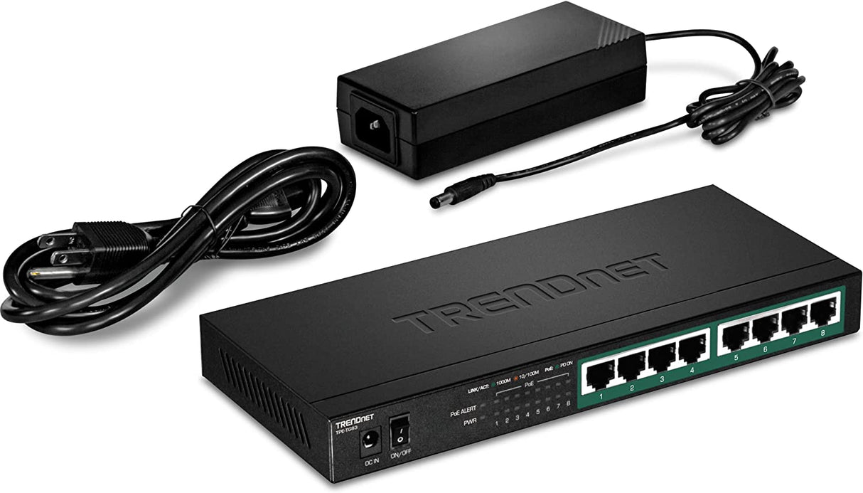 TRENDnet 8-Port Gigabit PoE+ Switch, 65W PoE Power Budget, 16Gbps Switching Capacity, IEEE 802.1p QoS, DSCP Pass-Through Support, Fanless, Wall Mountable, Lifetime Protection, Black, TPE-TG83 65W 8-Port