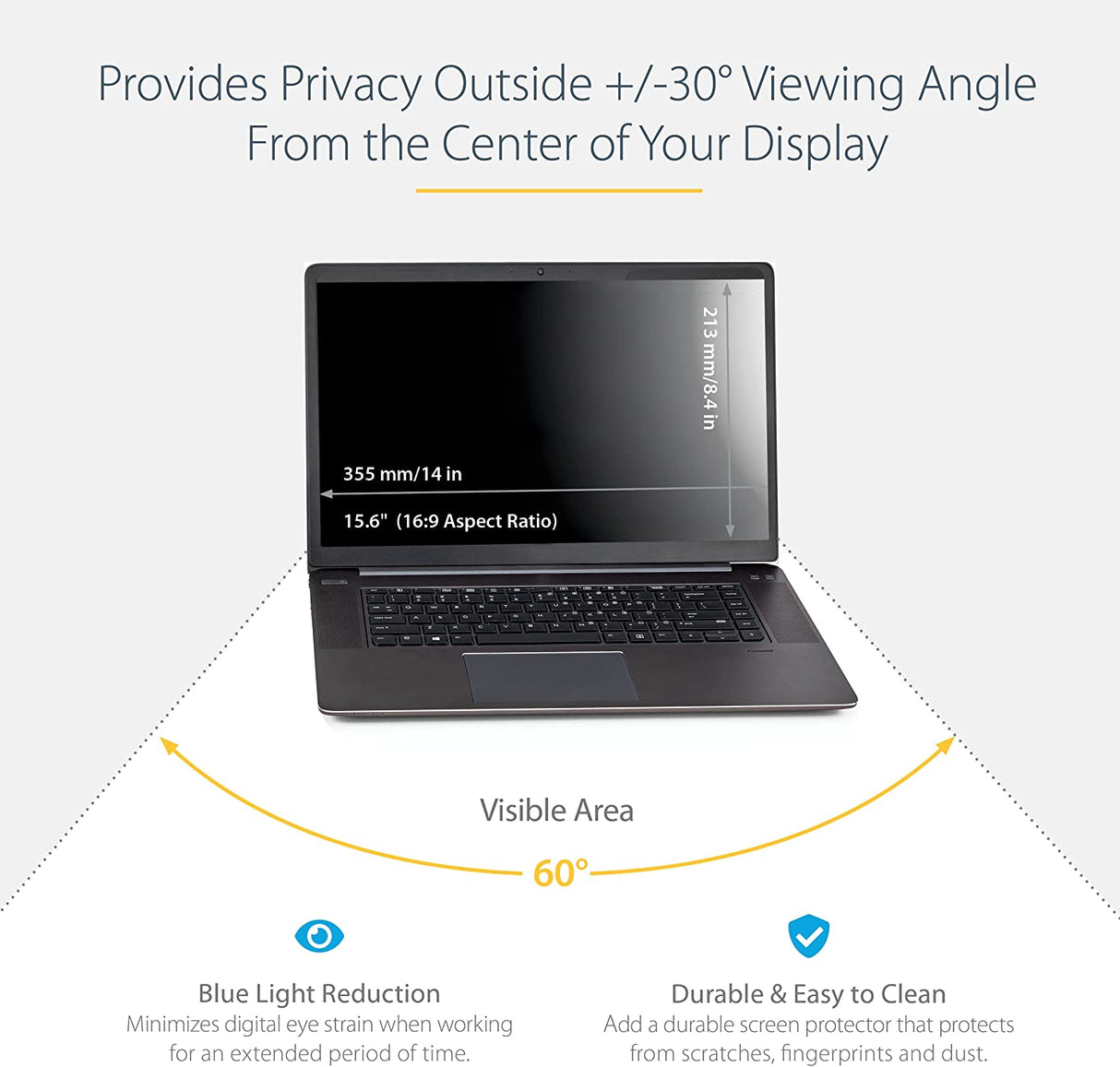 StarTech.com Laptop Privacy Screen for 15.6" Notebook - Magnetic Removable Laptop Display Security Filter - Blue Light Reducing Screen Protector - 16:9 - Matte/Glossy - +/-30 Degree (PRIVSCNLT15)