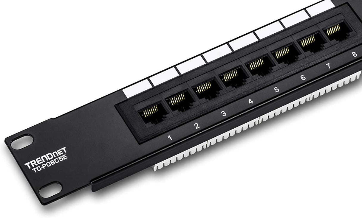 TRENDnet 8 Port Cat5/5e Unshielded Patch Panel,TC-P08C5E, Wallmount or Rackmount, 10 Inch Wide, 8 x Gigabit RJ-45 Ethernet Ports, 100 Mhz Connection, Color Coded Labeling,110 IDC Terminal Blocks,black