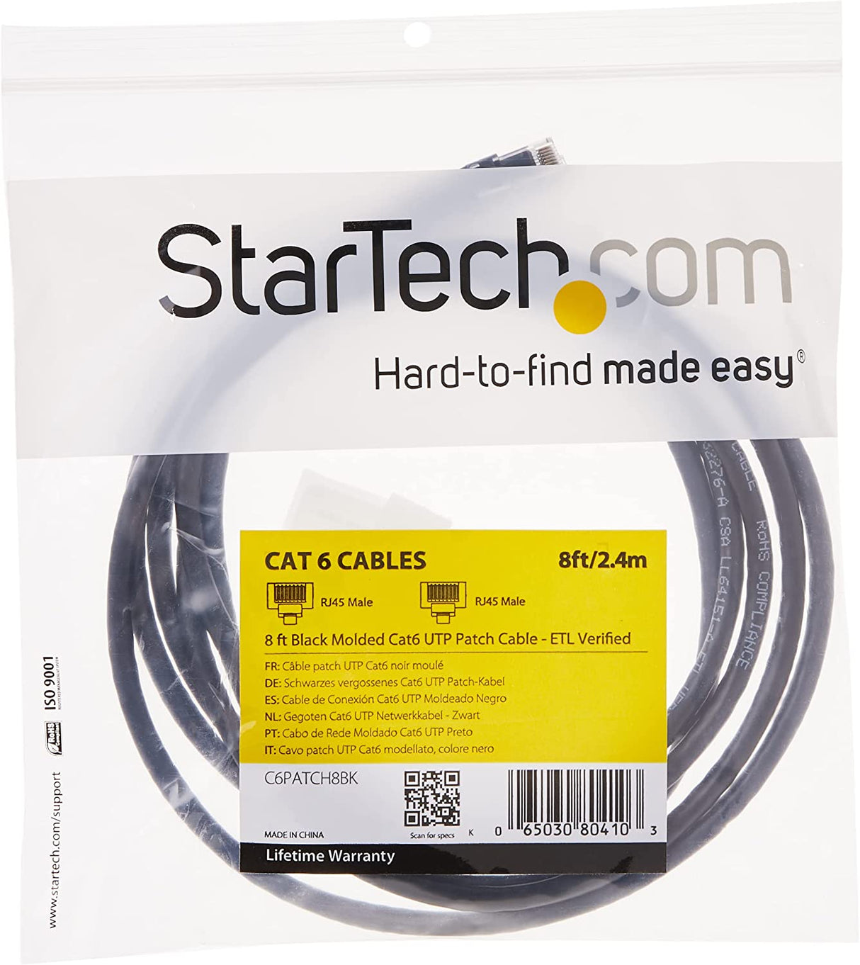 StarTech.com 8ft CAT6 Ethernet Cable - Black CAT 6 Gigabit Ethernet Wire -650MHz 100W PoE++ RJ45 UTP Molded Category 6 Network/Patch Cord w/Strain Relief/Fluke Tested UL/TIA Certified (C6PATCH8BK) Black 8 ft / 2.4 m 1 Pack