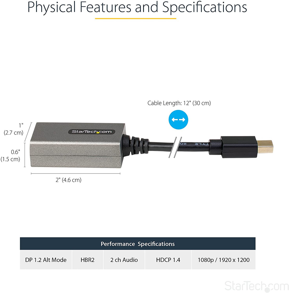 StarTech.com Mini DisplayPort to HDMI Adapter - 1080p - mDP 1.2 to HDMI Monitor/Display - Mini DP to HDMI Adapter Dongle Converter - 12" Long Attached Cable - Upgraded Version of MDP2HDMI (MDP2HDEC) Silver 1080p