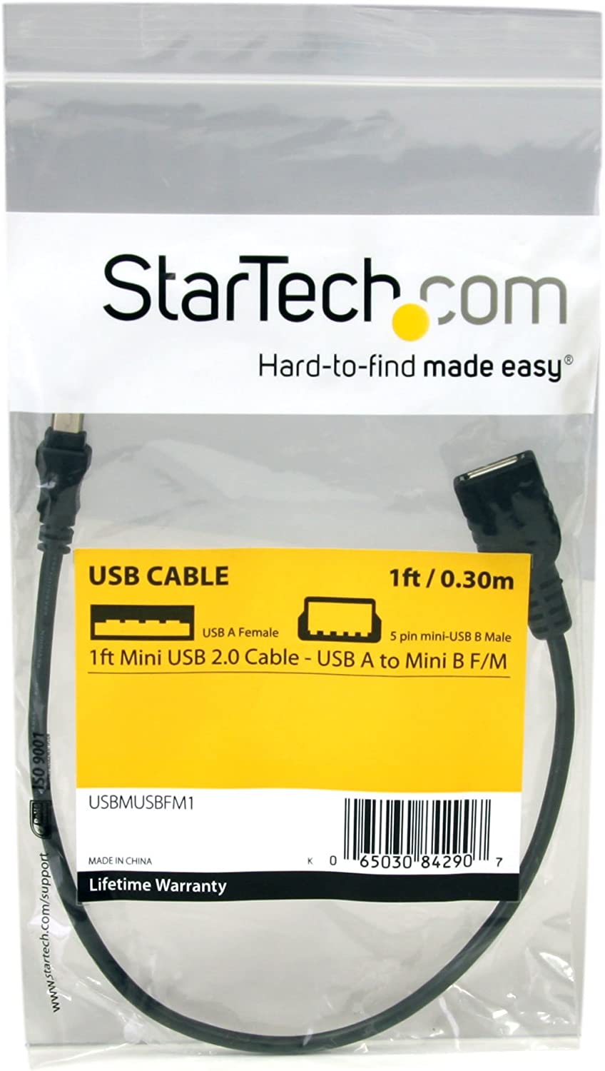 StarTech.com 1 ft Mini USB 2.0 Cable - USB A to Mini B F/M - USB cable - USB (F) to mini-USB Type B (M) - USB 2.0 - 1 ft - black - USBMUSBFM1