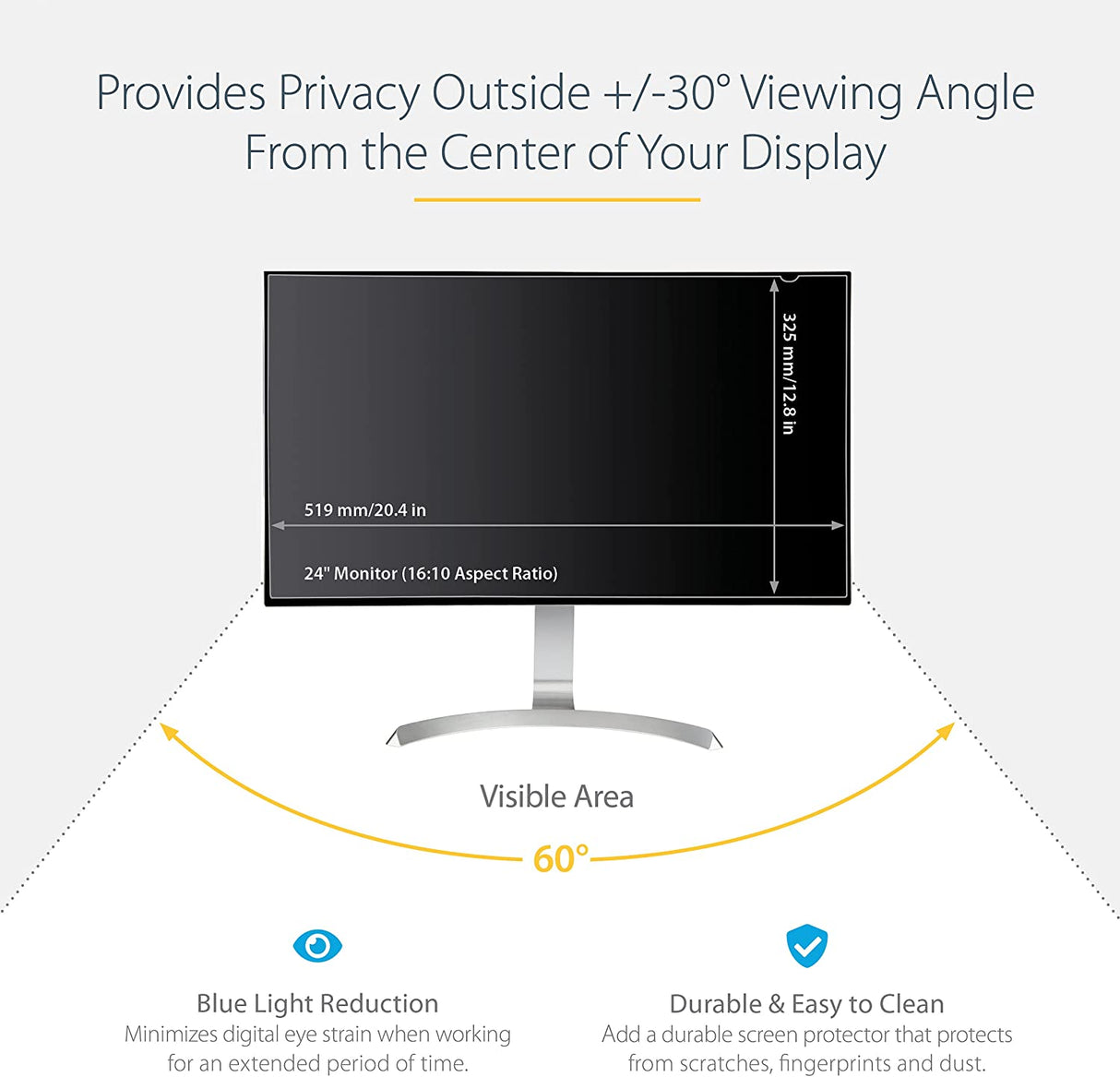 StarTech.com Monitor Privacy Screen for 24" Display - Computer Screen Security Filter - Blue Light Reducing Screen Protector Film - 16:10 Widescreen - Matte/Glossy - +/-30 Degree (PRIVACY-SCREEN-24MB) 16:10 24"