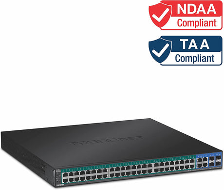 TRENDnet 52-Port Gigabit Web Smart PoE+ Switch, 48 Gigabit PoE+ Ports, 4 Shared Gigabit Ports (RJ-45 Or SFP), 370W PoE Power Budget, 104Gbps Switching Capacity, Lifetime Protection, Black, TPE-5240WS