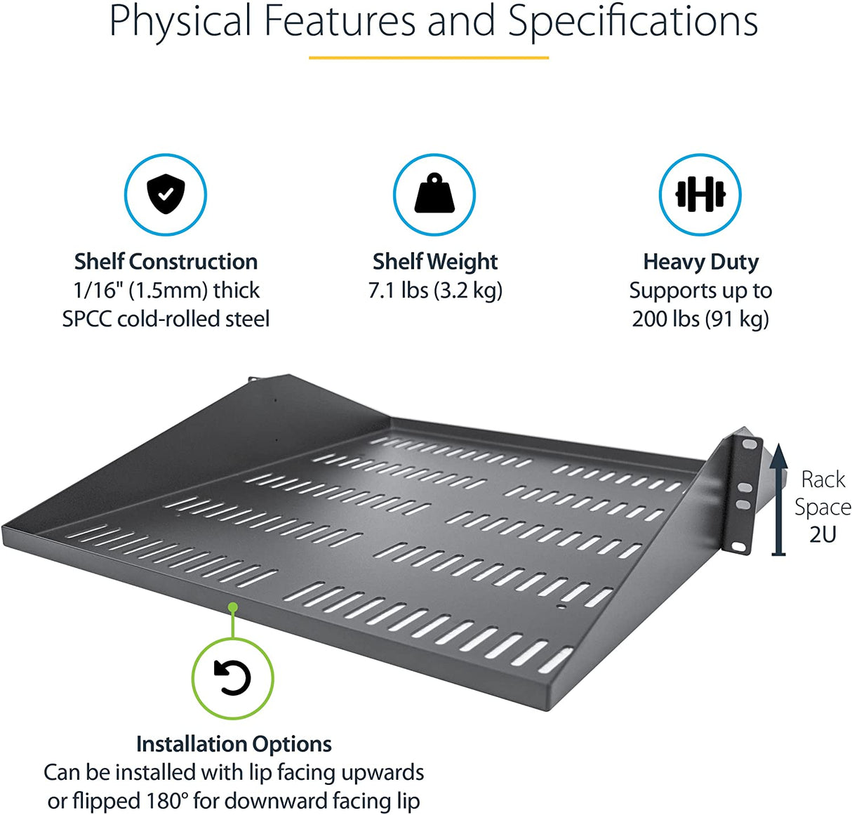 StarTech.com 2U Server Rack Shelf - Universal Vented Rackmount Cantilever Tray for 19" Network Equipment Rack & Cabinet - Durable Design - Weight Capacity 200lb/91kg - 20" Deep (SHELF-2U-20-CENTER-V) 20" Depth Center