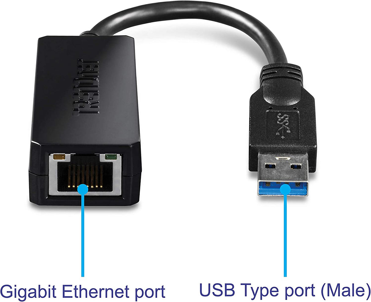TRENDnet USB 3.0 to Gigabit Ethernet Adapter, Full Duplex 2Gbps Ethernet Speeds, Up to 1Gbps, USB to Gigabit Ethernet Adapter, USB-A, Windows & Mac Compatible, USB Powered, Black, TU3-ETG