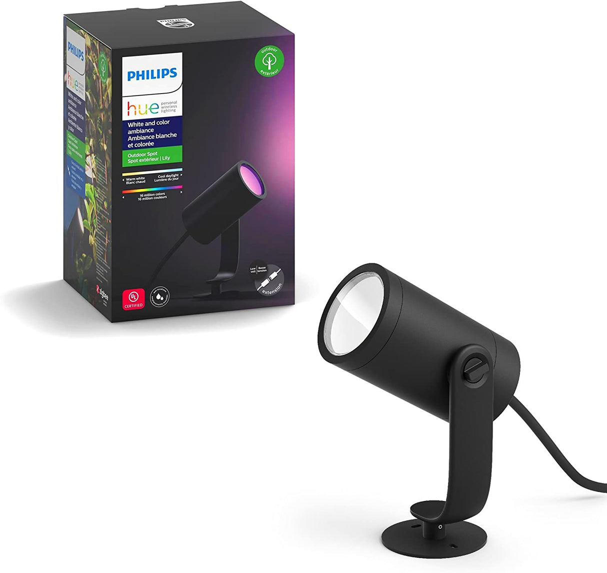 Philips Hue Lily White & Color Outdoor Smart Spot Light Extension (Hue Hub & Power Source Required), 1 Hue White & Color Smart Spot Light + Mount kit, Works with Alexa, HomeKit & Google Assistant